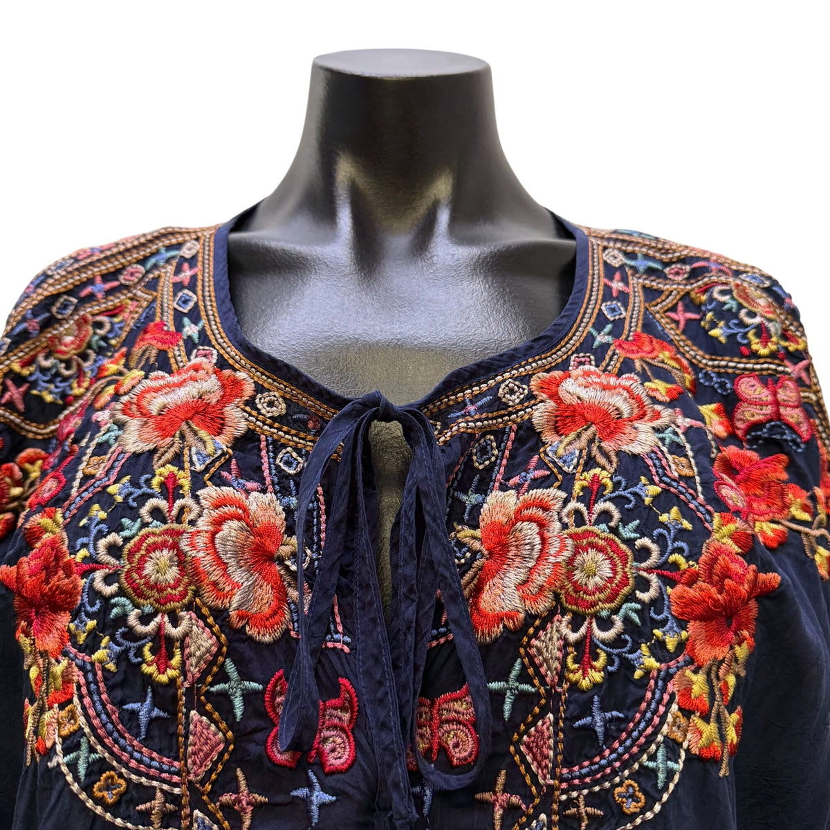 Johnny Was Embroidered Navy Multi Tunic Blouse Boho Floral XL