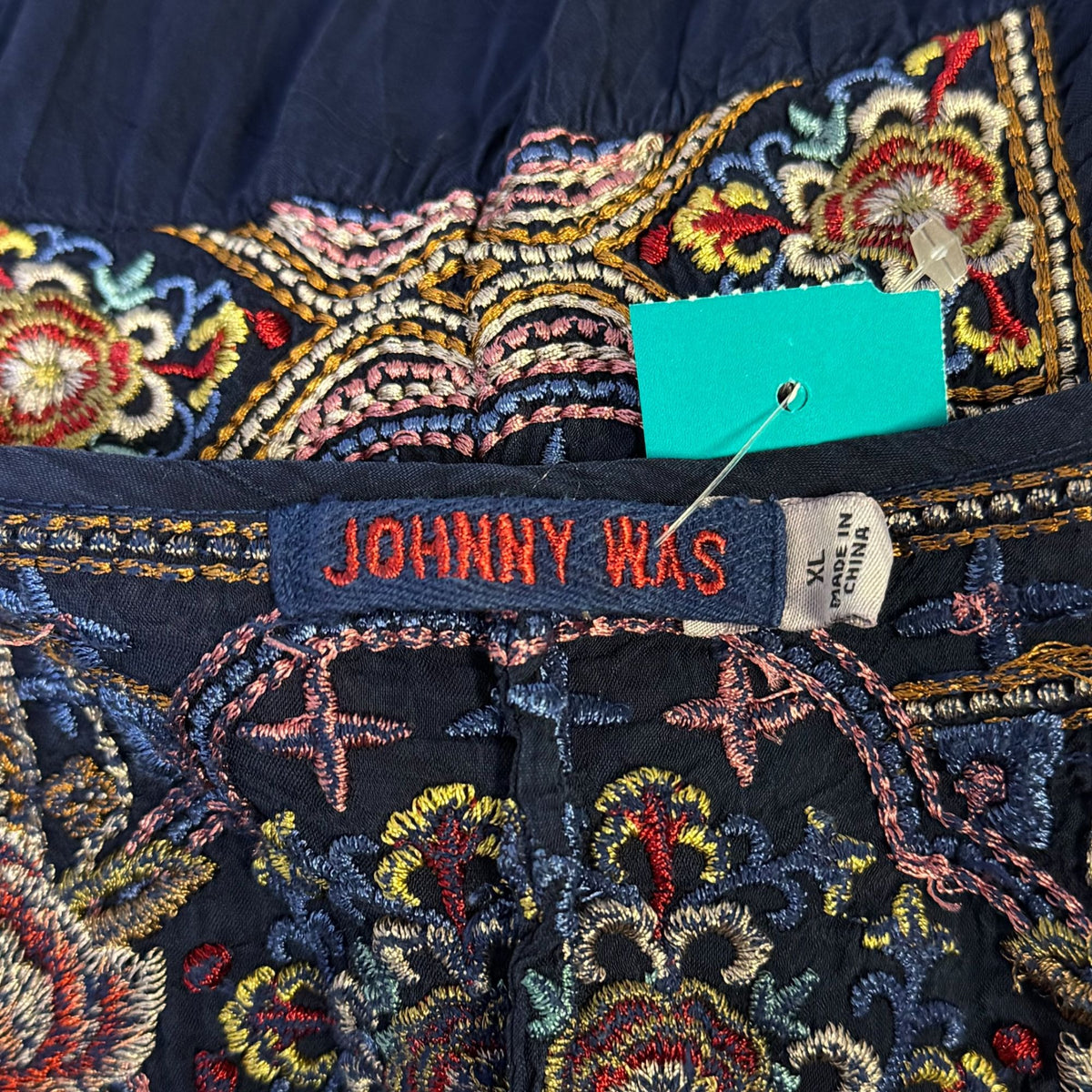 Johnny Was Embroidered Navy Multi Tunic Blouse Boho Floral XL