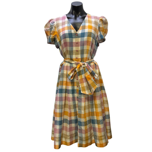 Gal Meets Glam Multicolor Plaid Belted Linen Blend Dress Size 14
