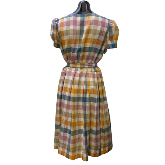 Gal Meets Glam Multicolor Plaid Belted Linen Blend Dress Size 14