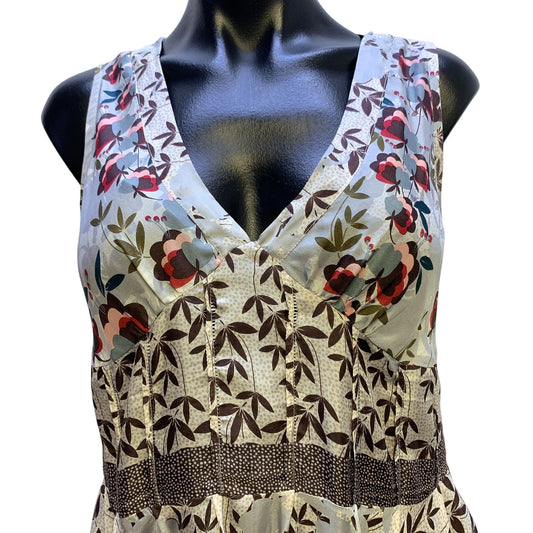 Johnny Was Gray w/ Teal & Brown Print Silk Sleeveless Dress Size Small