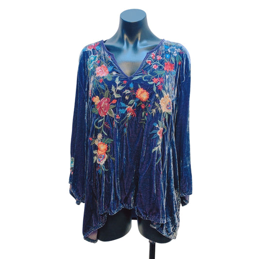 Johnny Was Floral Embroidered Deep Purple Velvet Blouse XL