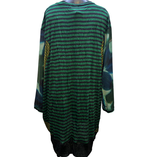 Alembika Green Black Striped Long Sleeve Blouse M
