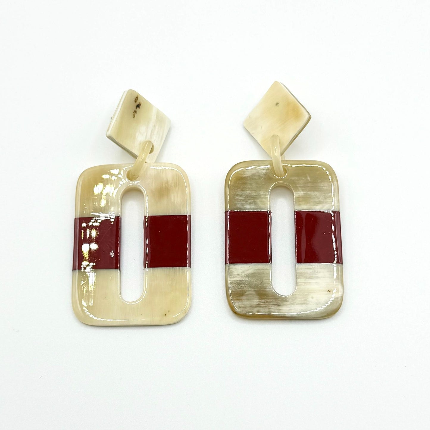 Geometric Red & Beige Resin Earrings With Modern Rectangular Cutout