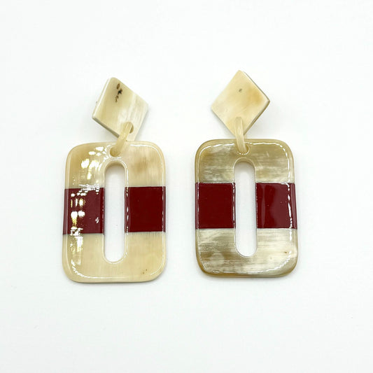 Geometric Red & Beige Resin Earrings With Modern Rectangular Cutout