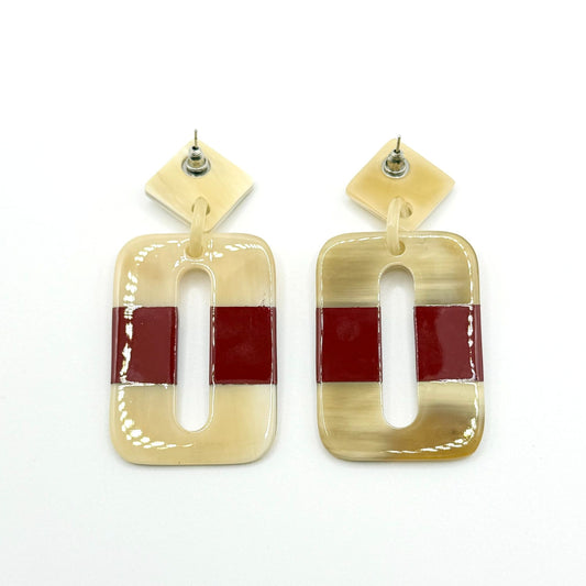 Geometric Red & Beige Resin Earrings With Modern Rectangular Cutout