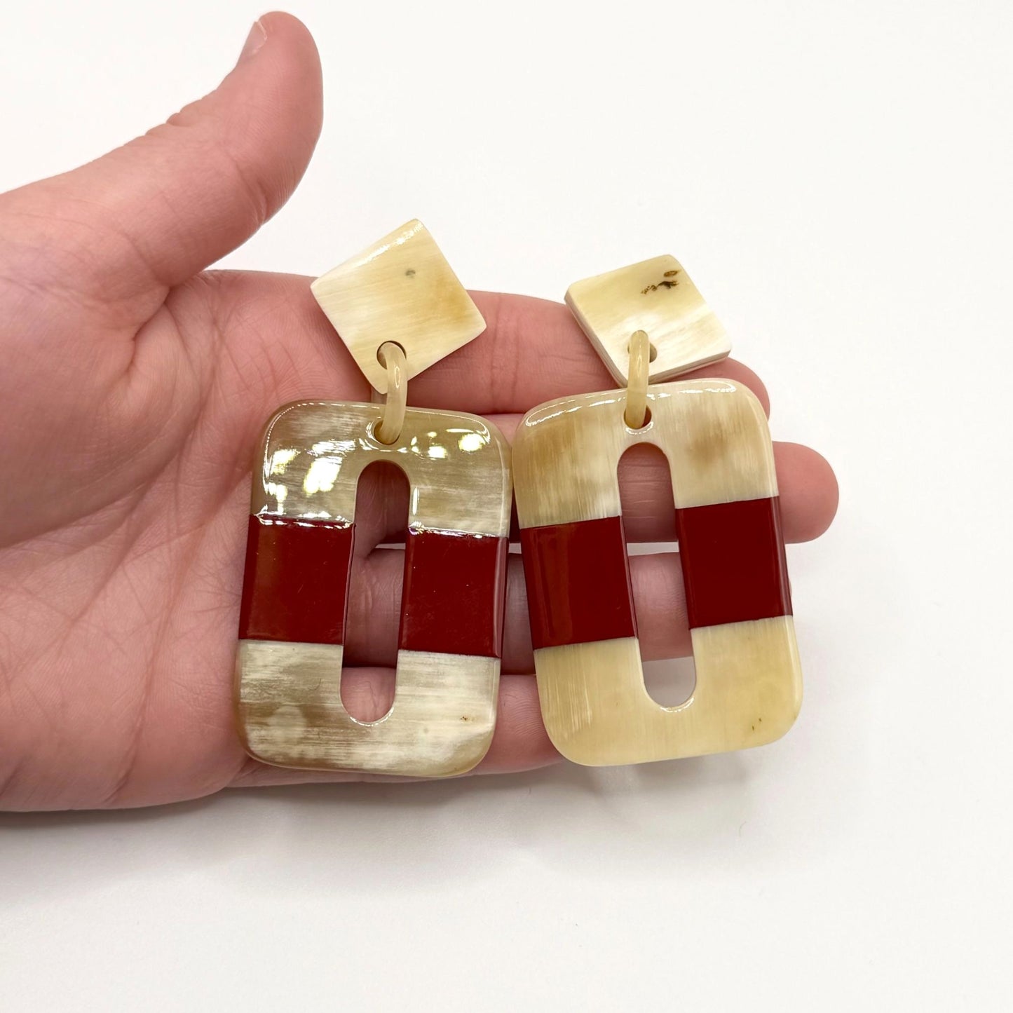 Geometric Red & Beige Resin Earrings With Modern Rectangular Cutout