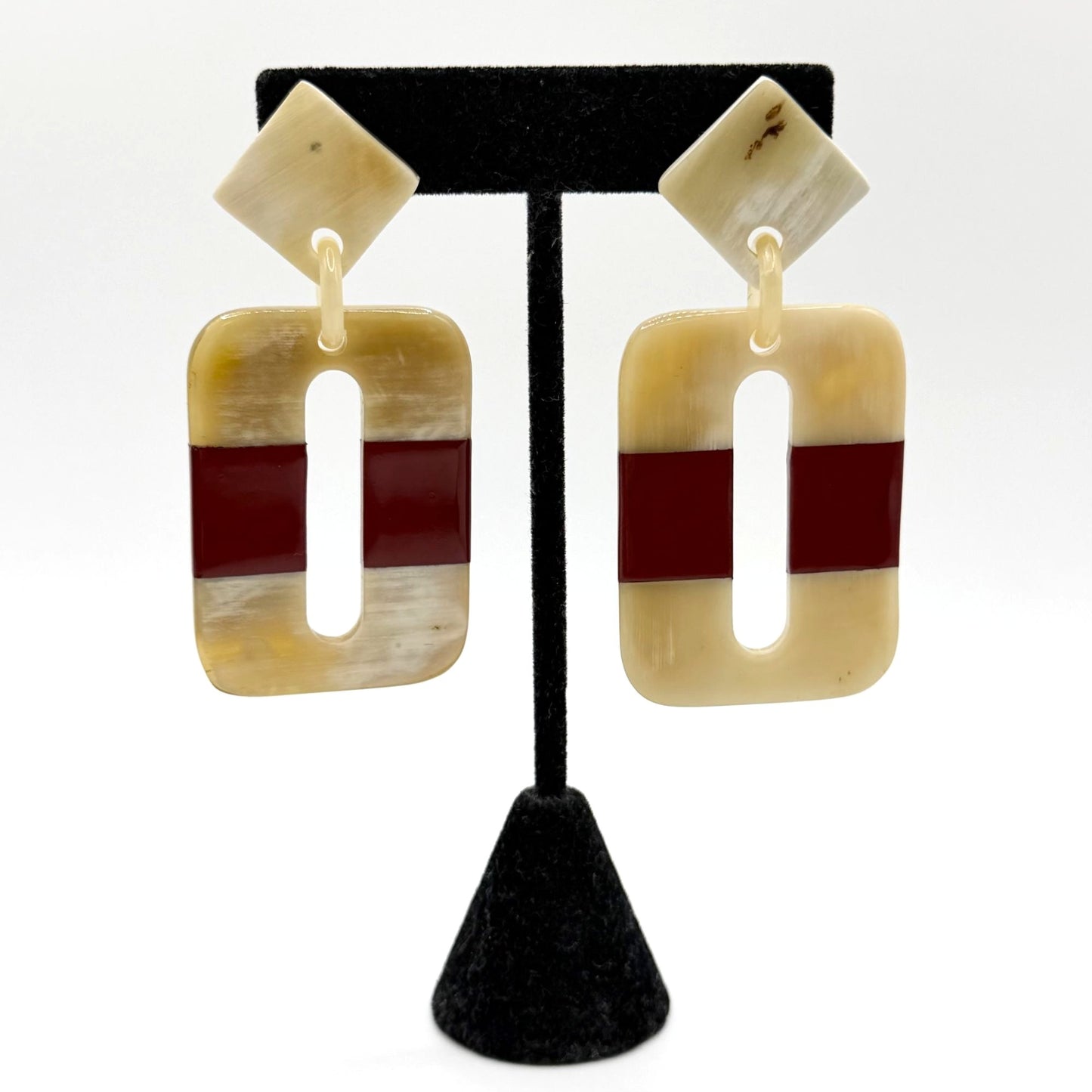 Geometric Red & Beige Resin Earrings With Modern Rectangular Cutout