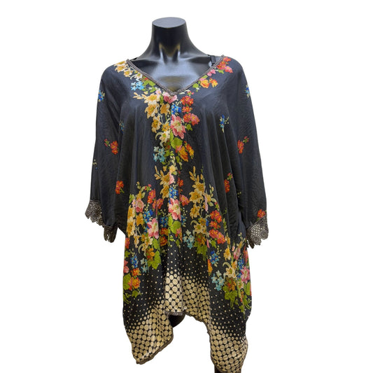 Johnny Was Floral & Polka Dot Tunic Blouse Navy XL