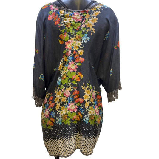Johnny Was Floral & Polka Dot Tunic Blouse Navy XL