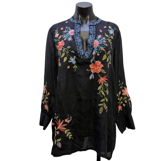 Johnny Was Workshop Black Floral Tunic Blouse Long Sleeve S