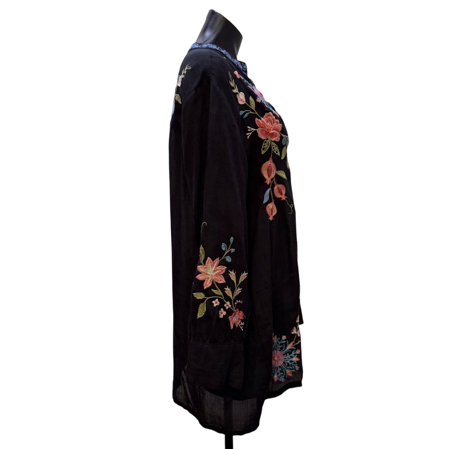 Johnny Was Workshop Black Floral Tunic Blouse Long Sleeve S