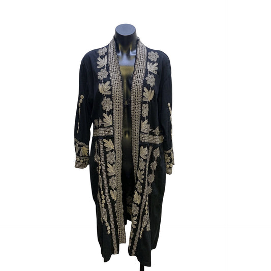 Johnny Was Black Open Front Boho Kimono Jacket W/Floral Embroidery Size L
