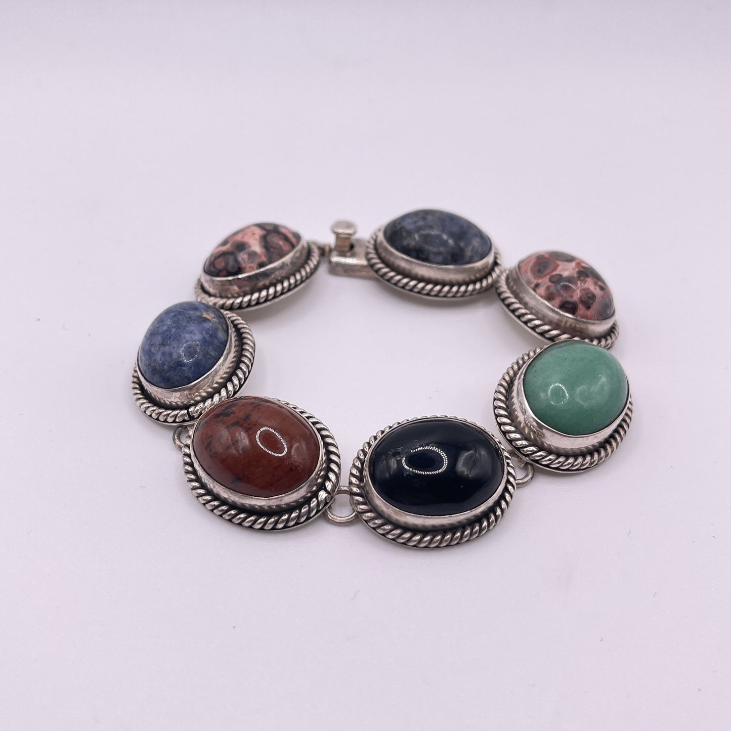 Sterling Silver 925 Multi-Stone Bracelet Jasper Malachite Sodalite & Onyx Rope-Edged