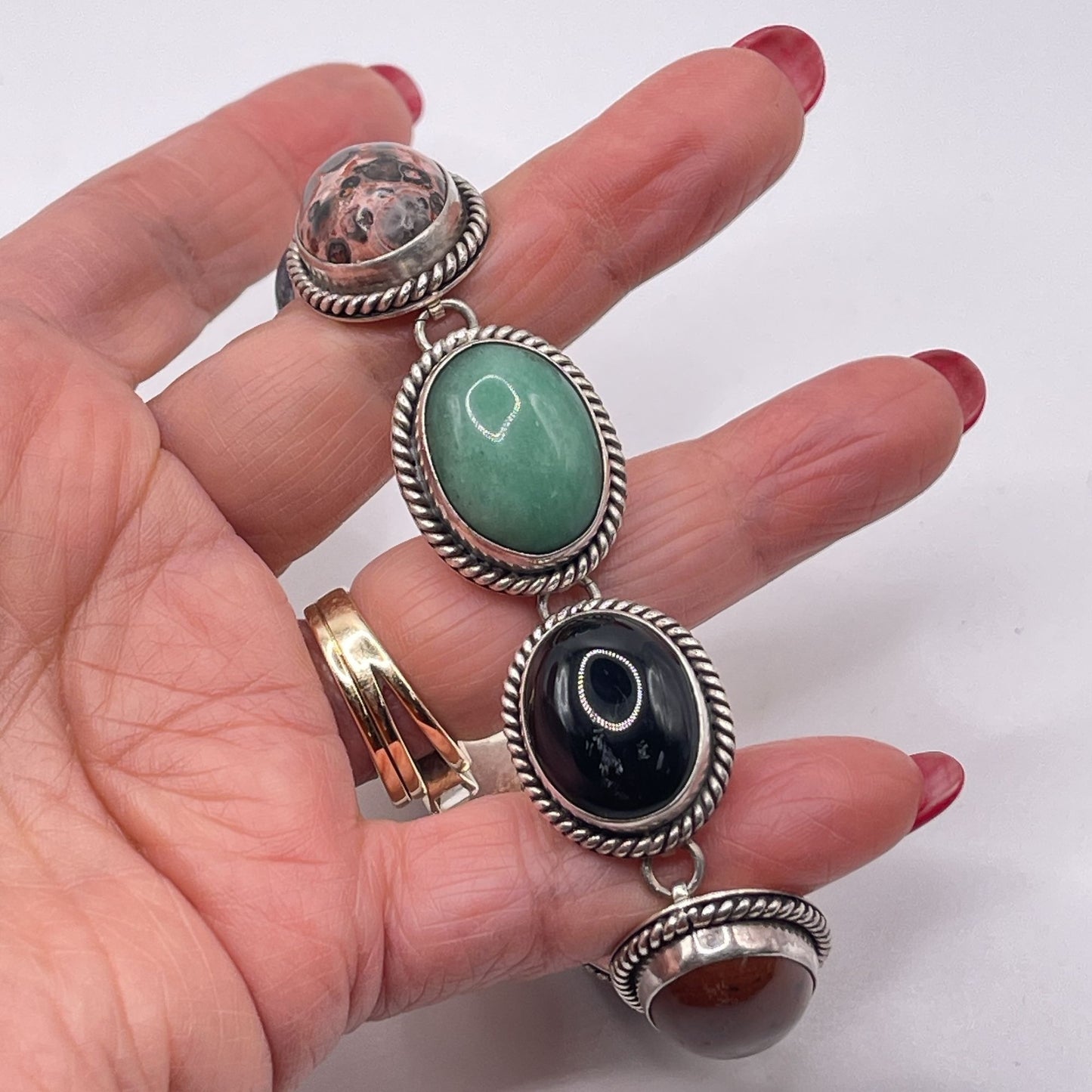 Sterling Silver 925 Multi-Stone Bracelet Jasper Malachite Sodalite & Onyx Rope-Edged