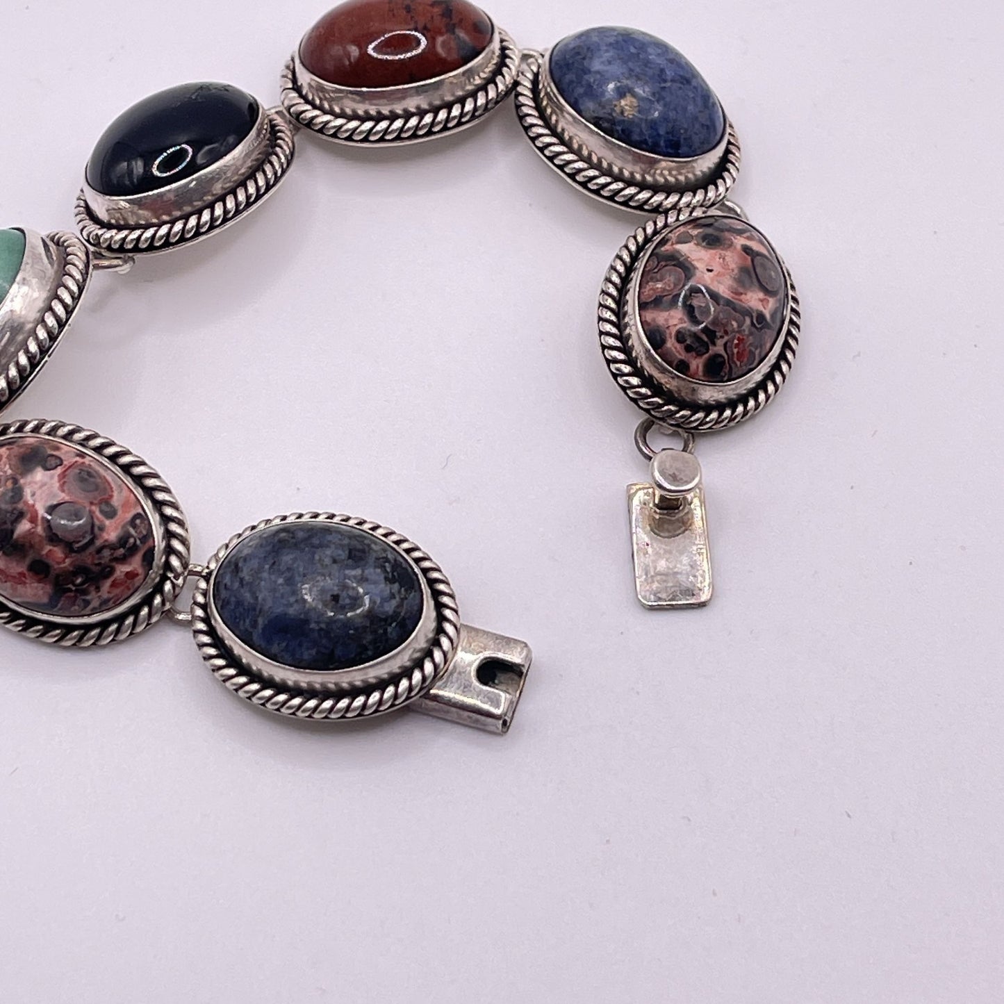 Sterling Silver 925 Multi-Stone Bracelet Jasper Malachite Sodalite & Onyx Rope-Edged