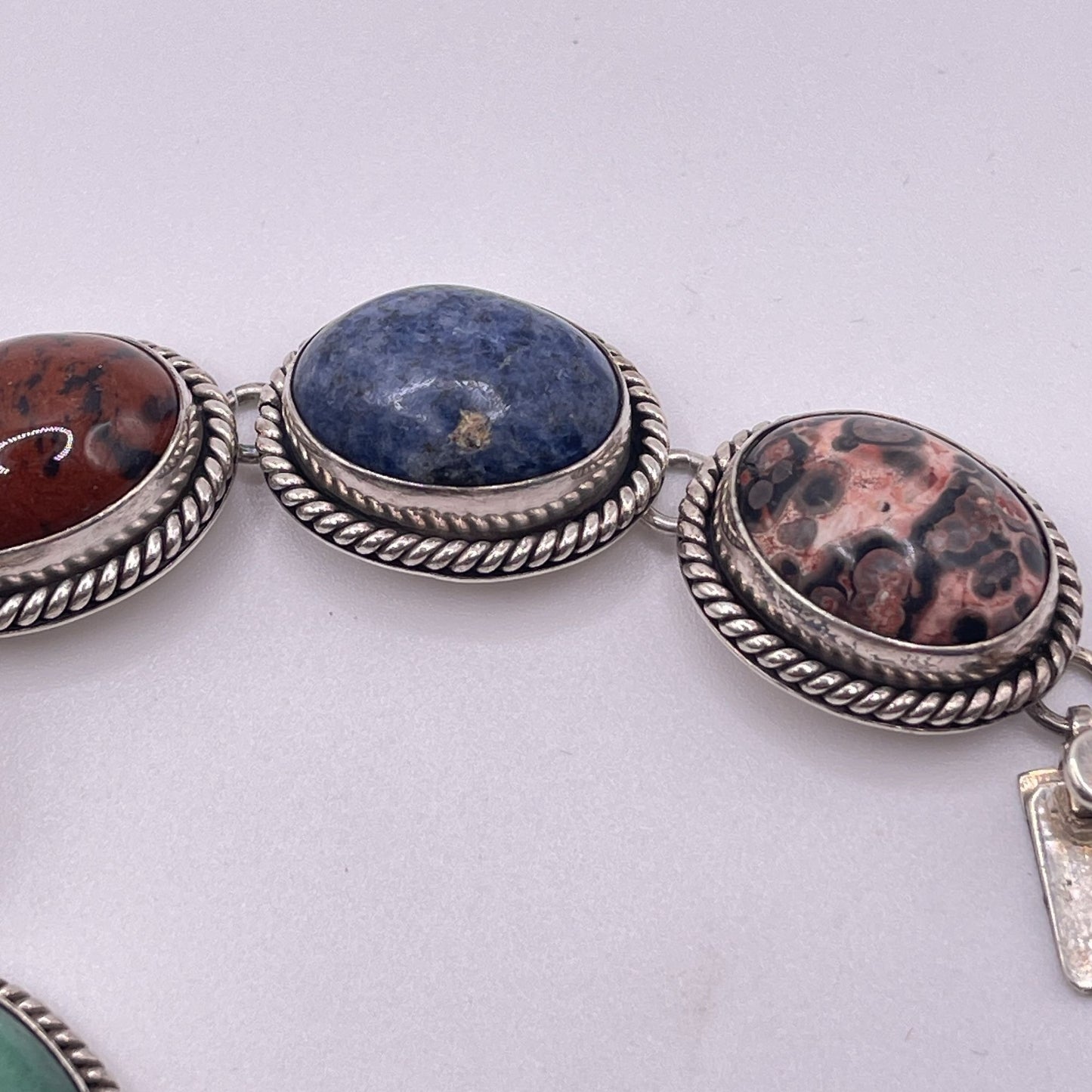 Sterling Silver 925 Multi-Stone Bracelet Jasper Malachite Sodalite & Onyx Rope-Edged