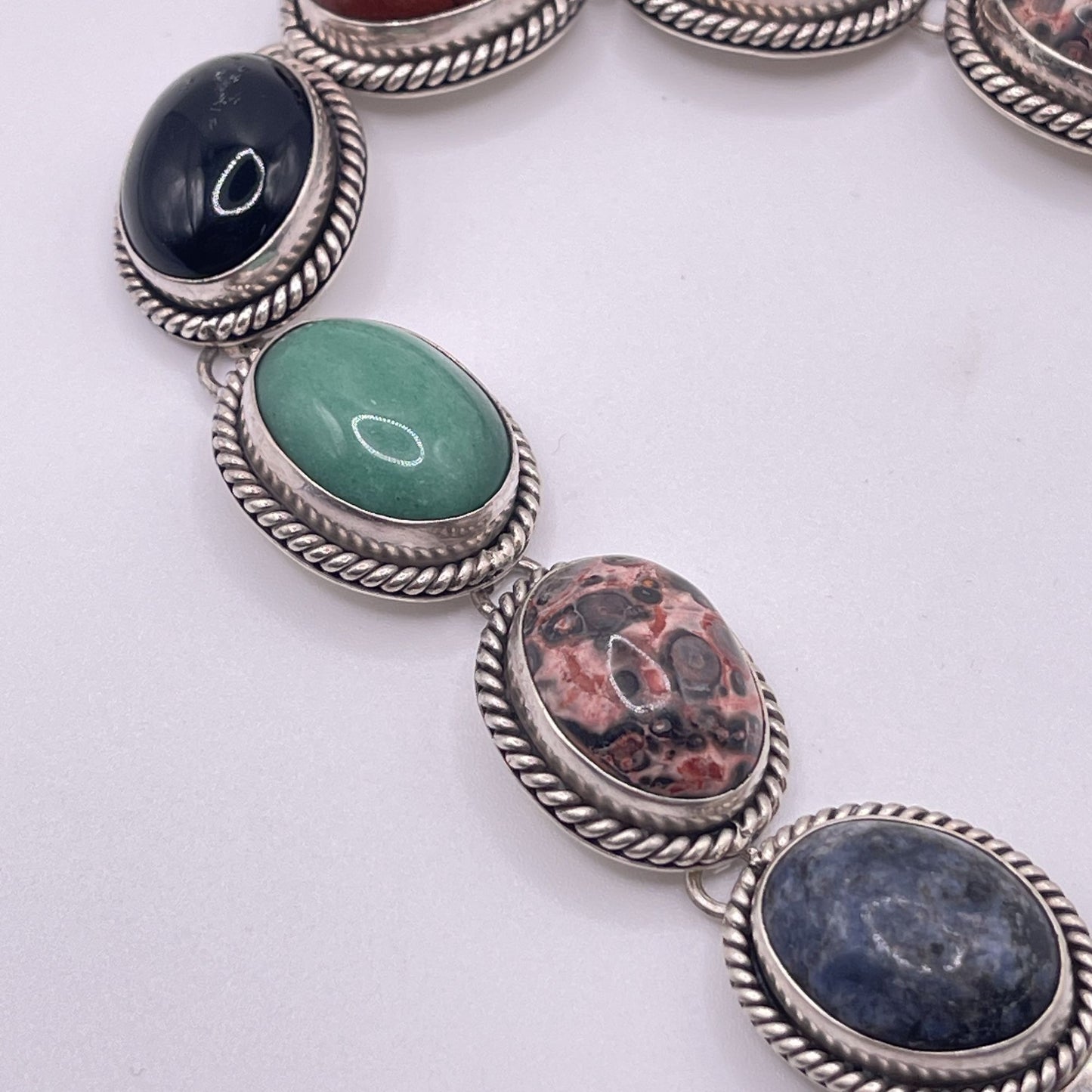 Sterling Silver 925 Multi-Stone Bracelet Jasper Malachite Sodalite & Onyx Rope-Edged