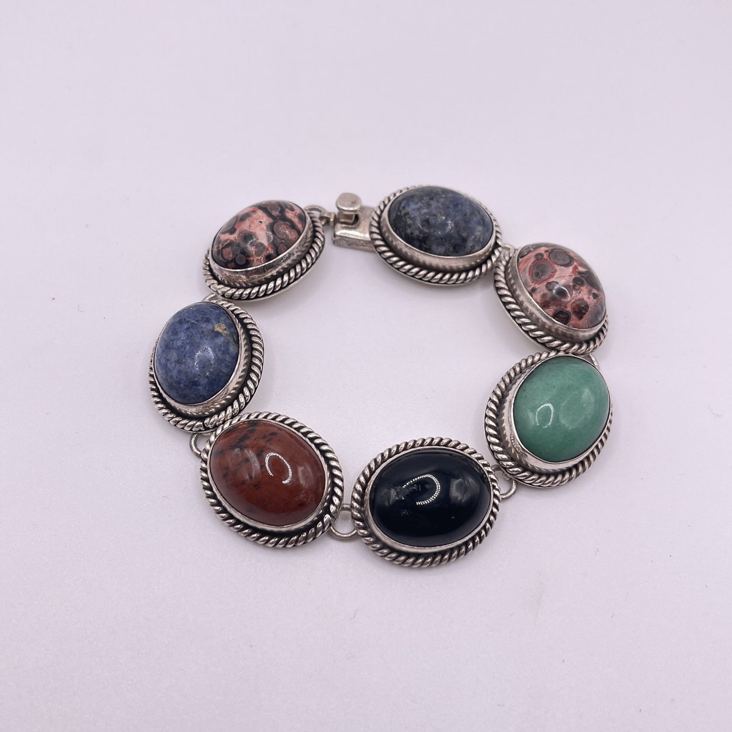 Sterling Silver 925 Multi-Stone Bracelet Jasper Malachite Sodalite & Onyx Rope-Edged