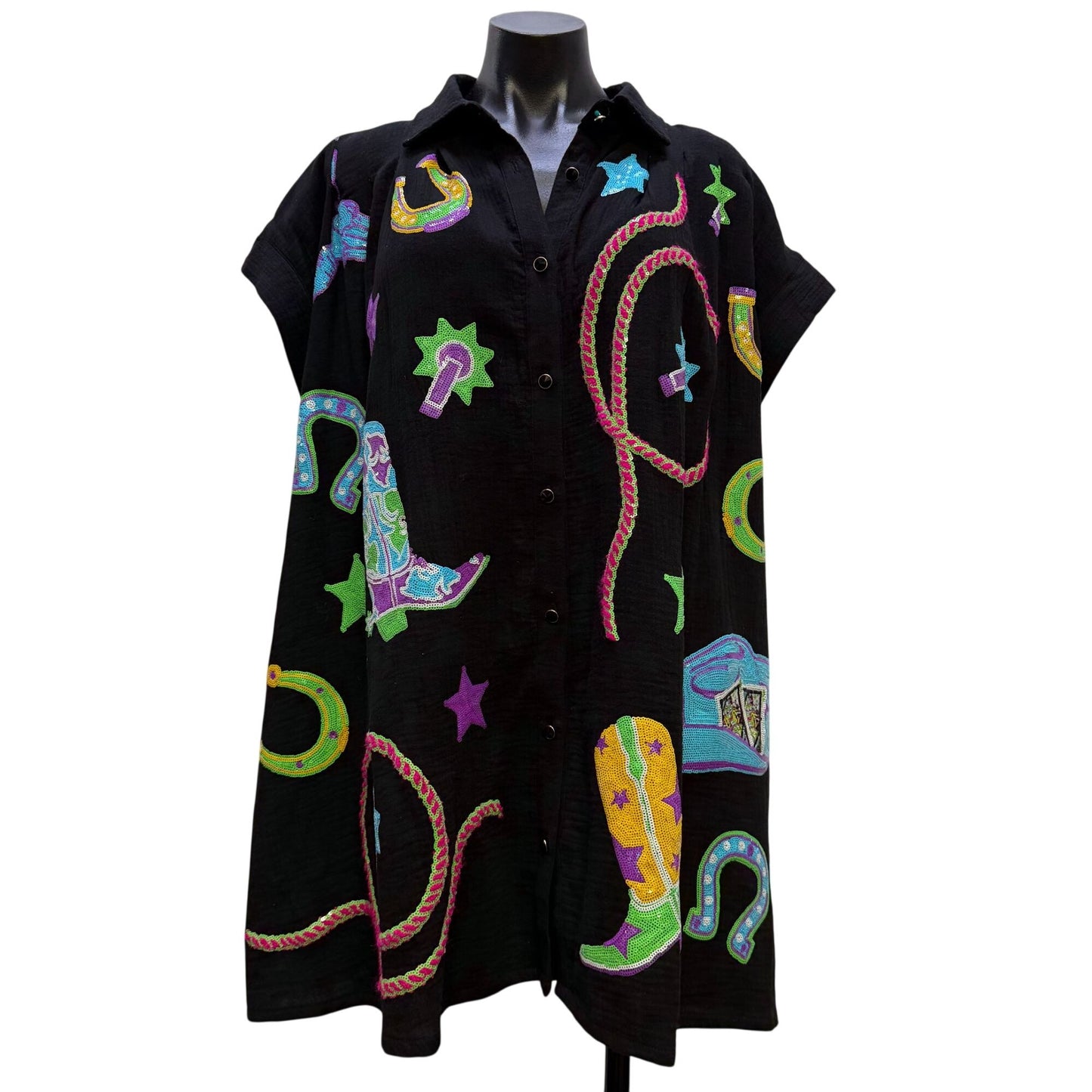 Queen Of Sparkles Black Western-Themed Sequined Dress Button Front M