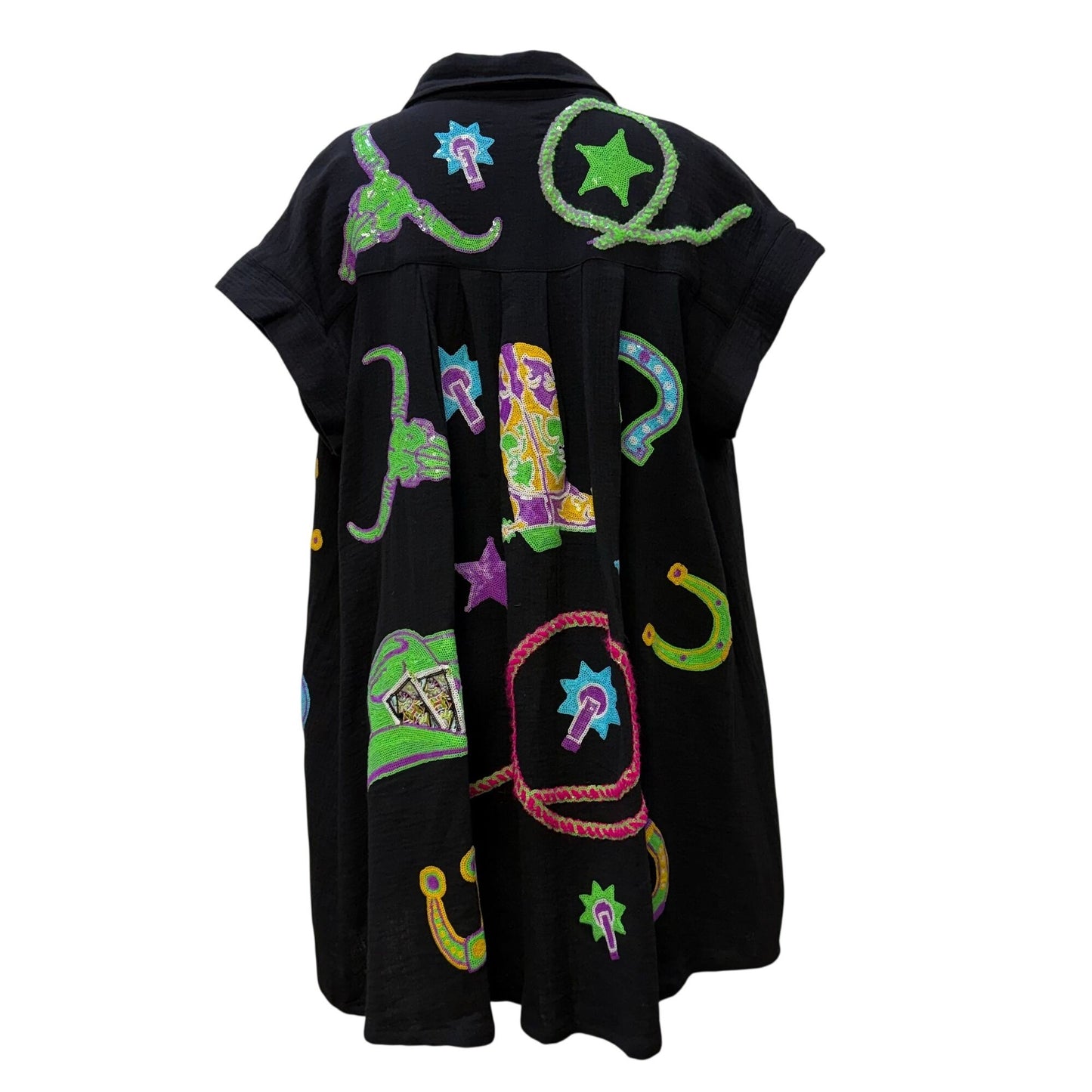 Queen Of Sparkles Black Western-Themed Sequined Dress Button Front M