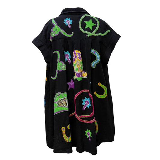 Queen Of Sparkles Black Western-Themed Sequined Dress Button Front M