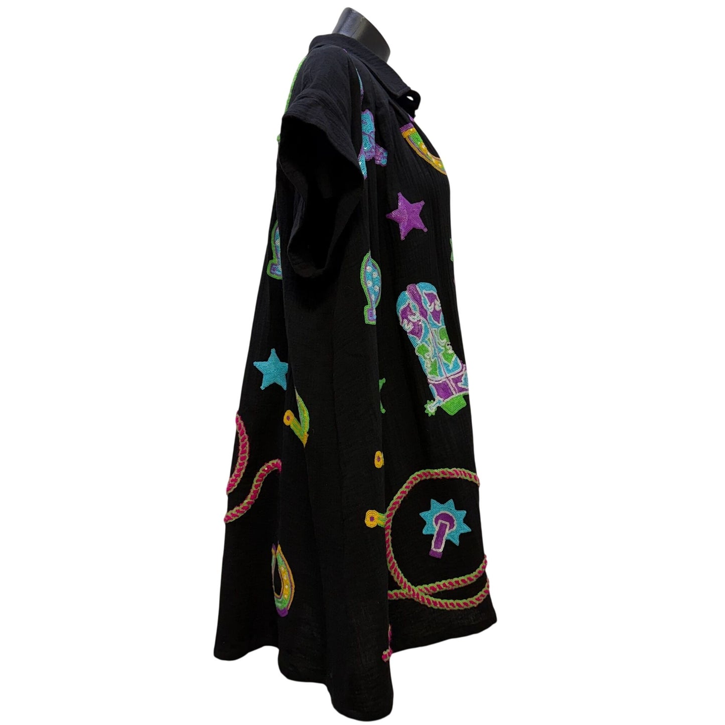 Queen Of Sparkles Black Western-Themed Sequined Dress Button Front M