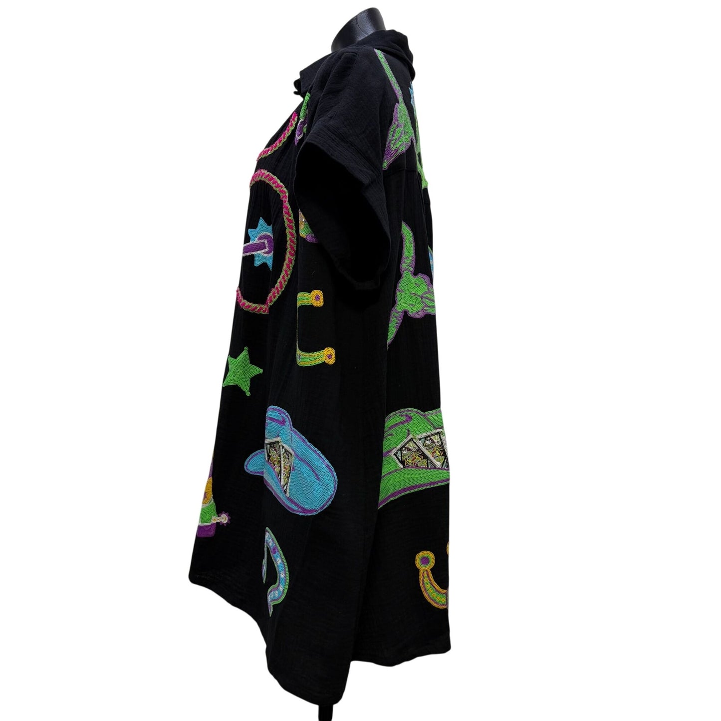 Queen Of Sparkles Black Western-Themed Sequined Dress Button Front M