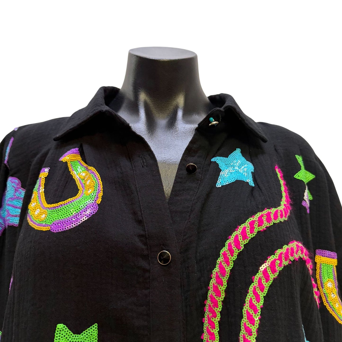 Queen Of Sparkles Black Western-Themed Sequined Dress Button Front M