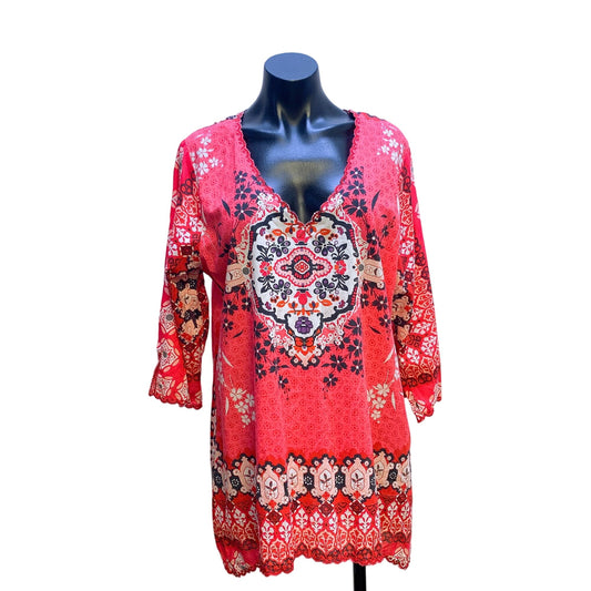 Johnny Was Women's Bohemian Tunic Top L 100% Cotton Red & Black Floral Pattern