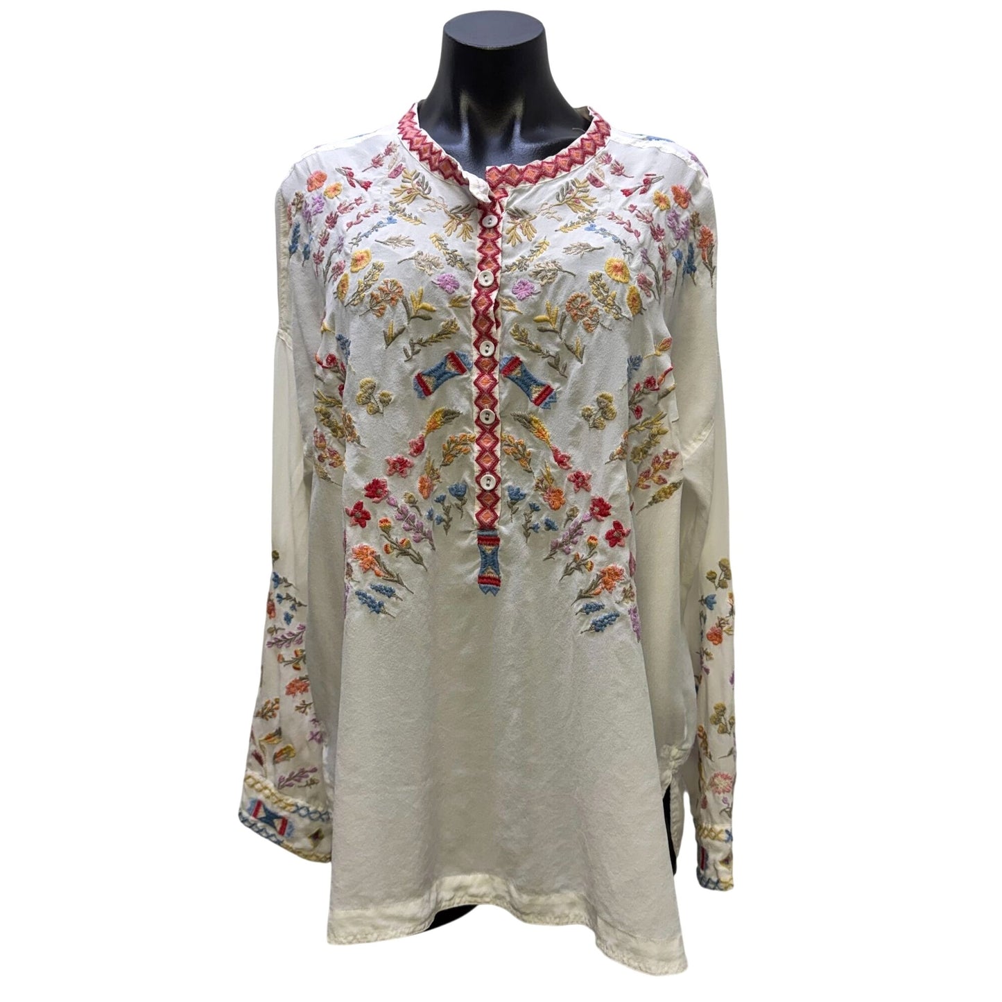 Johnny Was Biya Embroidered Silk Blouse White Multi Size M