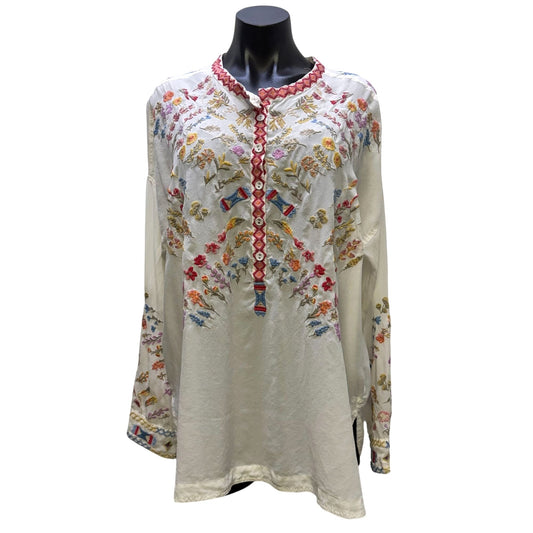 Johnny Was Biya Embroidered Silk Blouse White Multi Size M
