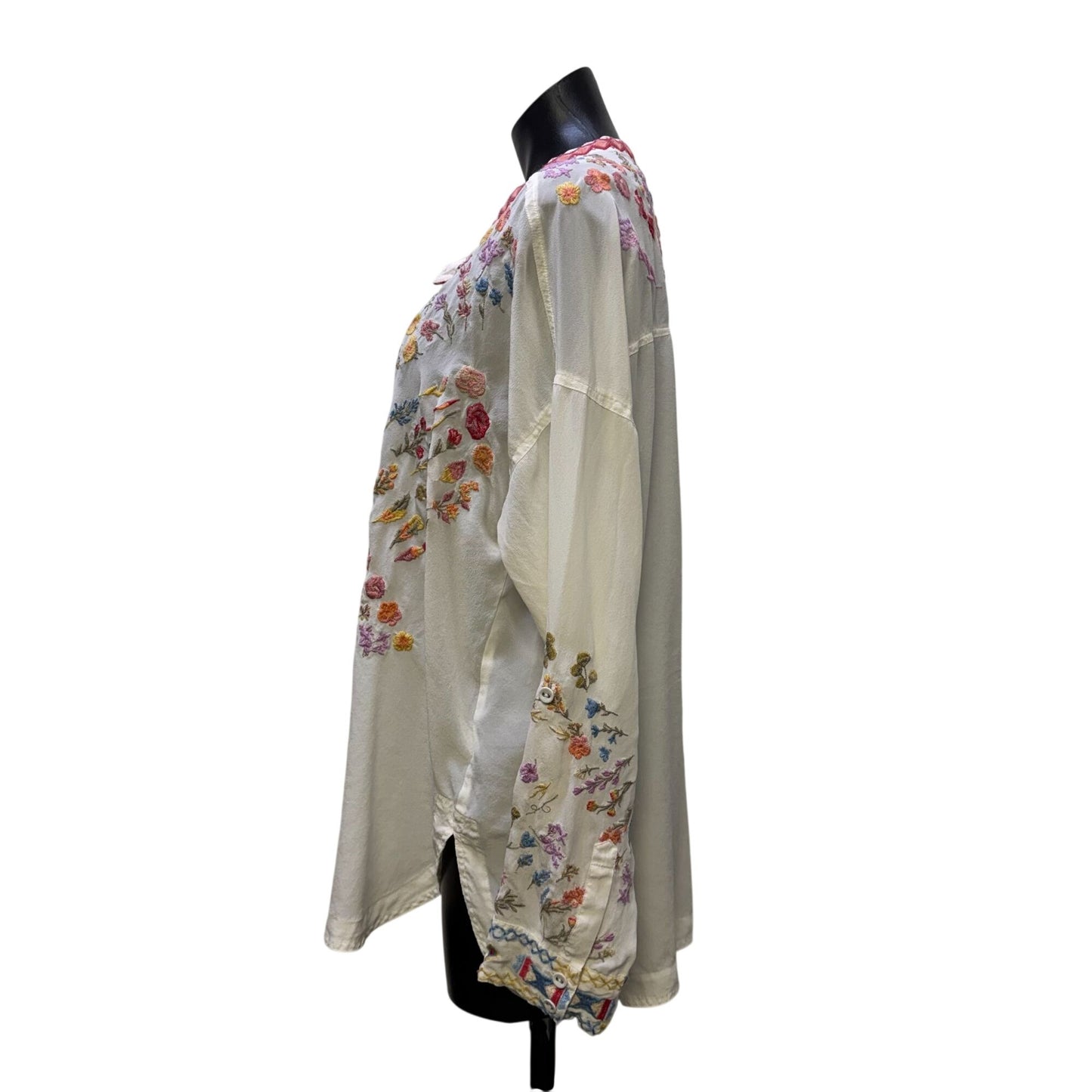 Johnny Was Biya Embroidered Silk Blouse White Multi Size M