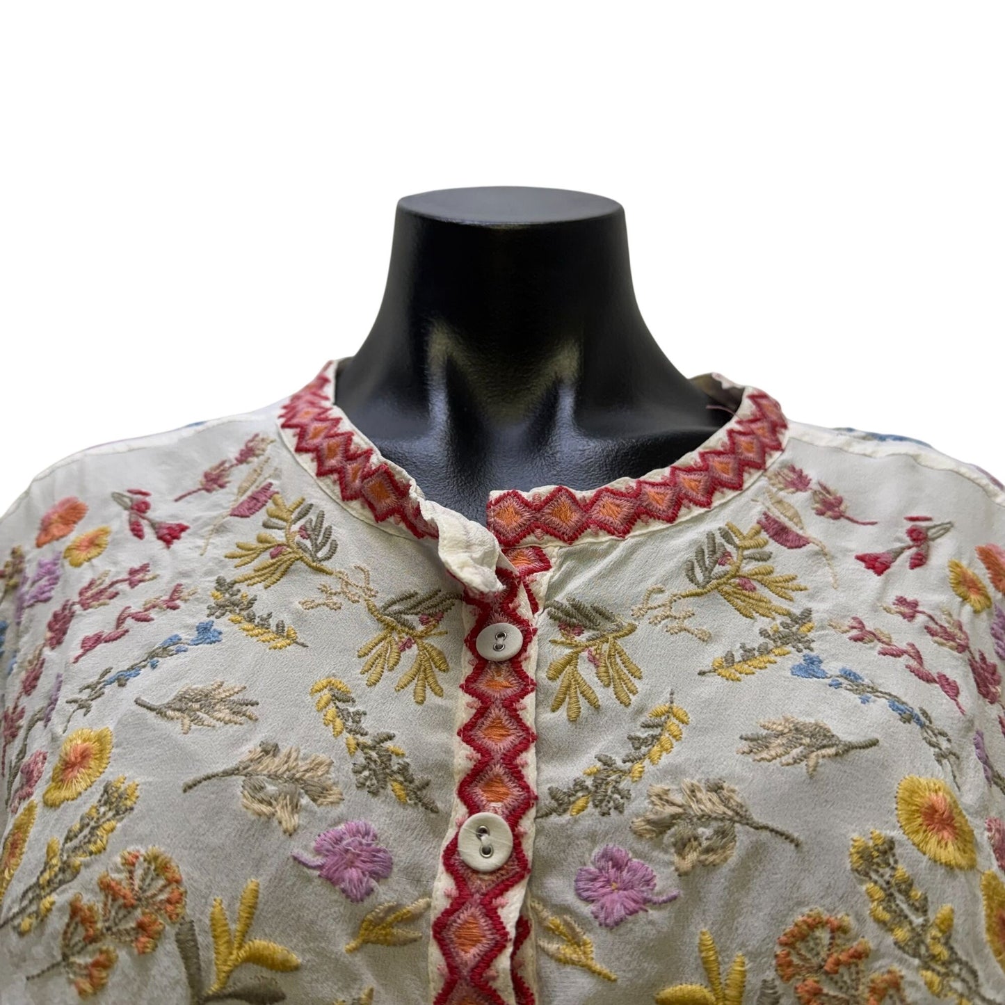 Johnny Was Biya Embroidered Silk Blouse White Multi Size M