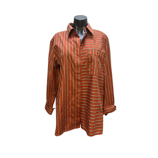 Lafayette 148 Orange & Cream Striped Long Sleeve Button-Up Tunic Blouse