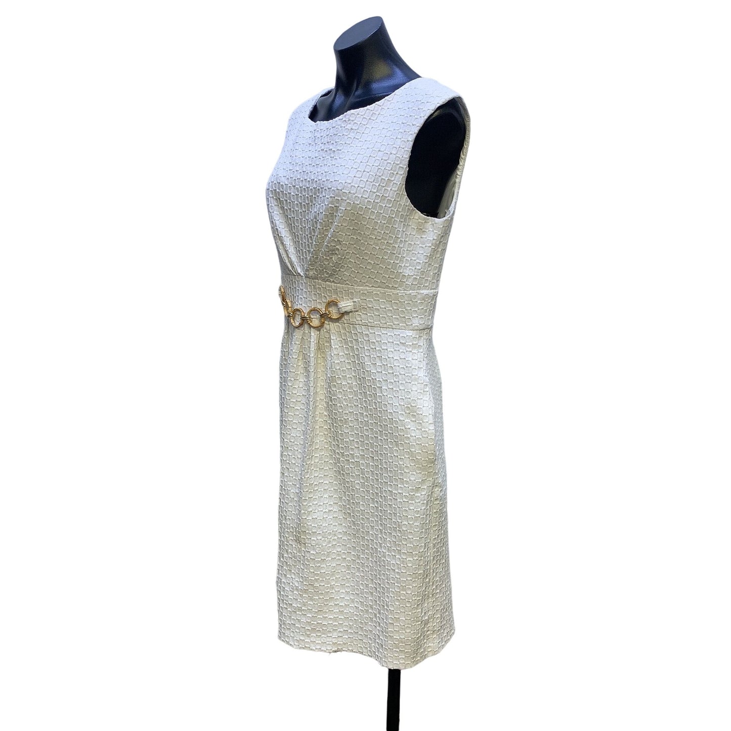 Sandra Darren White Textured Sleeveless Dress With Gold Chain Accent 14