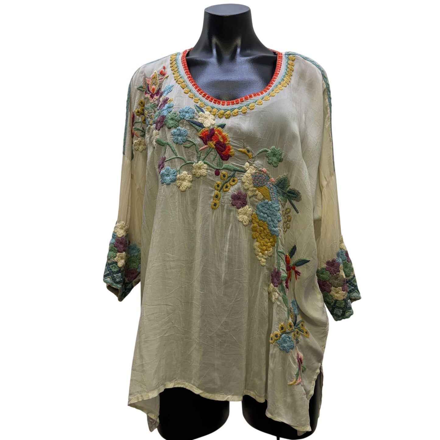 Johnny Was Cream Floral Embroidered Blouse Size M