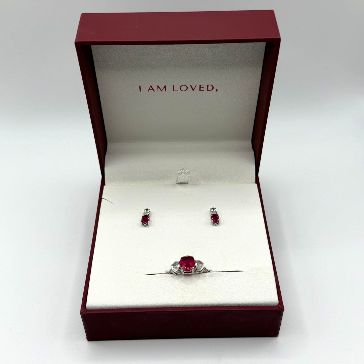 Helzberg Diamonds Sterling Silver Ruby & CZ Ring & Earrings Jewelry Set In Box 7.5