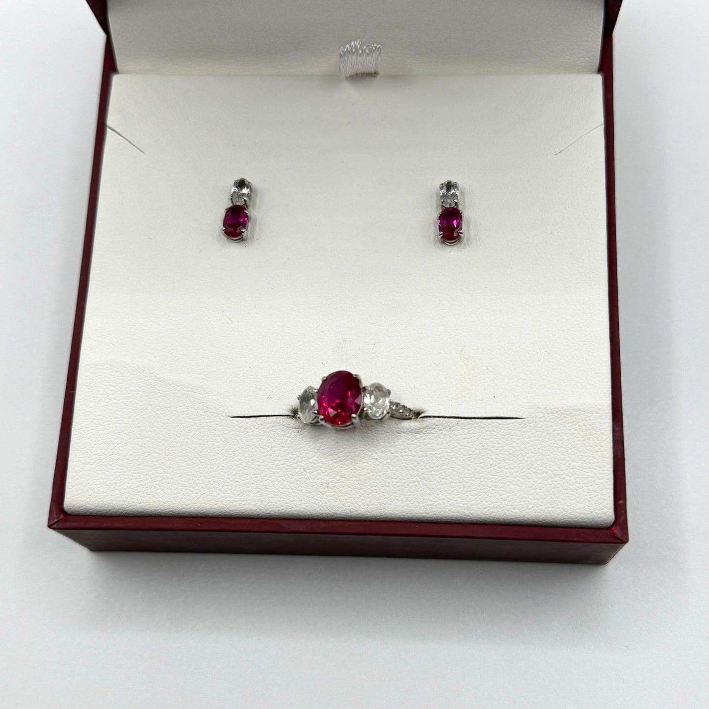 Helzberg Diamonds Sterling Silver Ruby & CZ Ring & Earrings Jewelry Set In Box 7.5