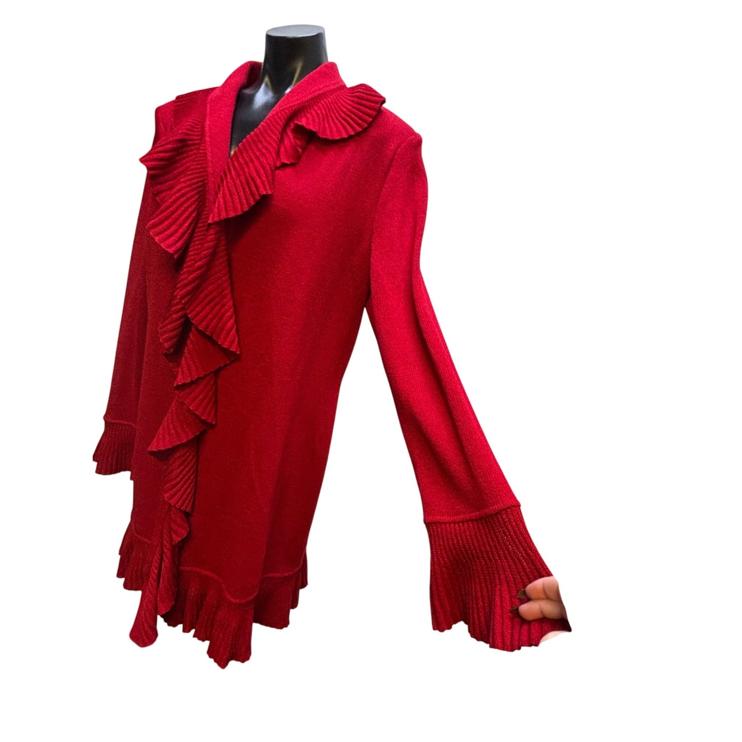 NWOT St. John Red Wool Ruffle Cardigan Long Sleeve Size 12