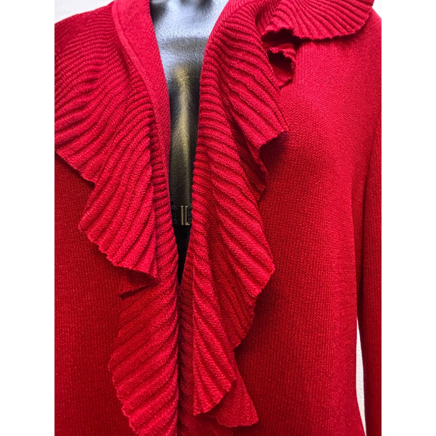 NWOT St. John Red Wool Ruffle Cardigan Long Sleeve Size 12