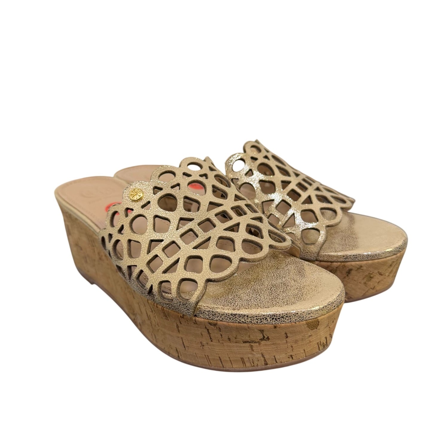 Tory Burch Gold Laser Cut Cork Wedge Sandals Size 6.5