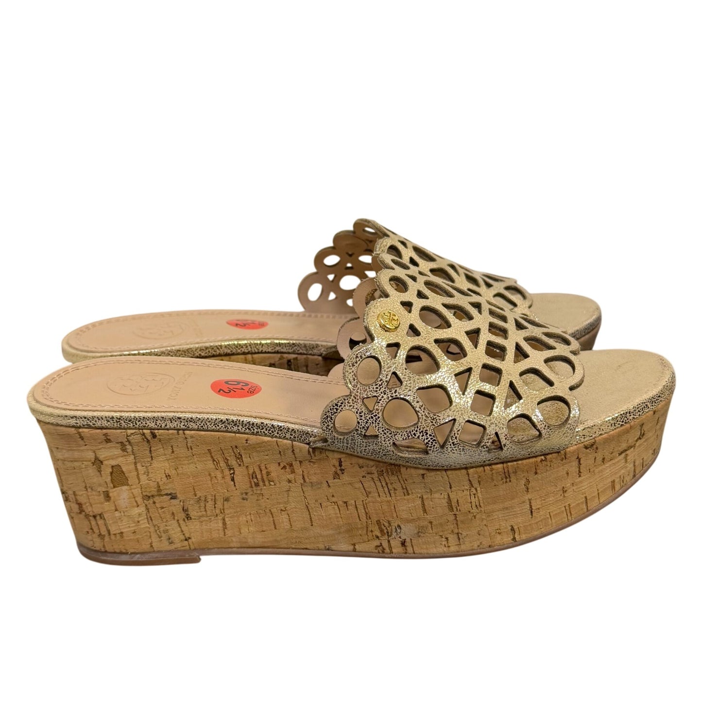 Tory Burch Gold Laser Cut Cork Wedge Sandals Size 6.5