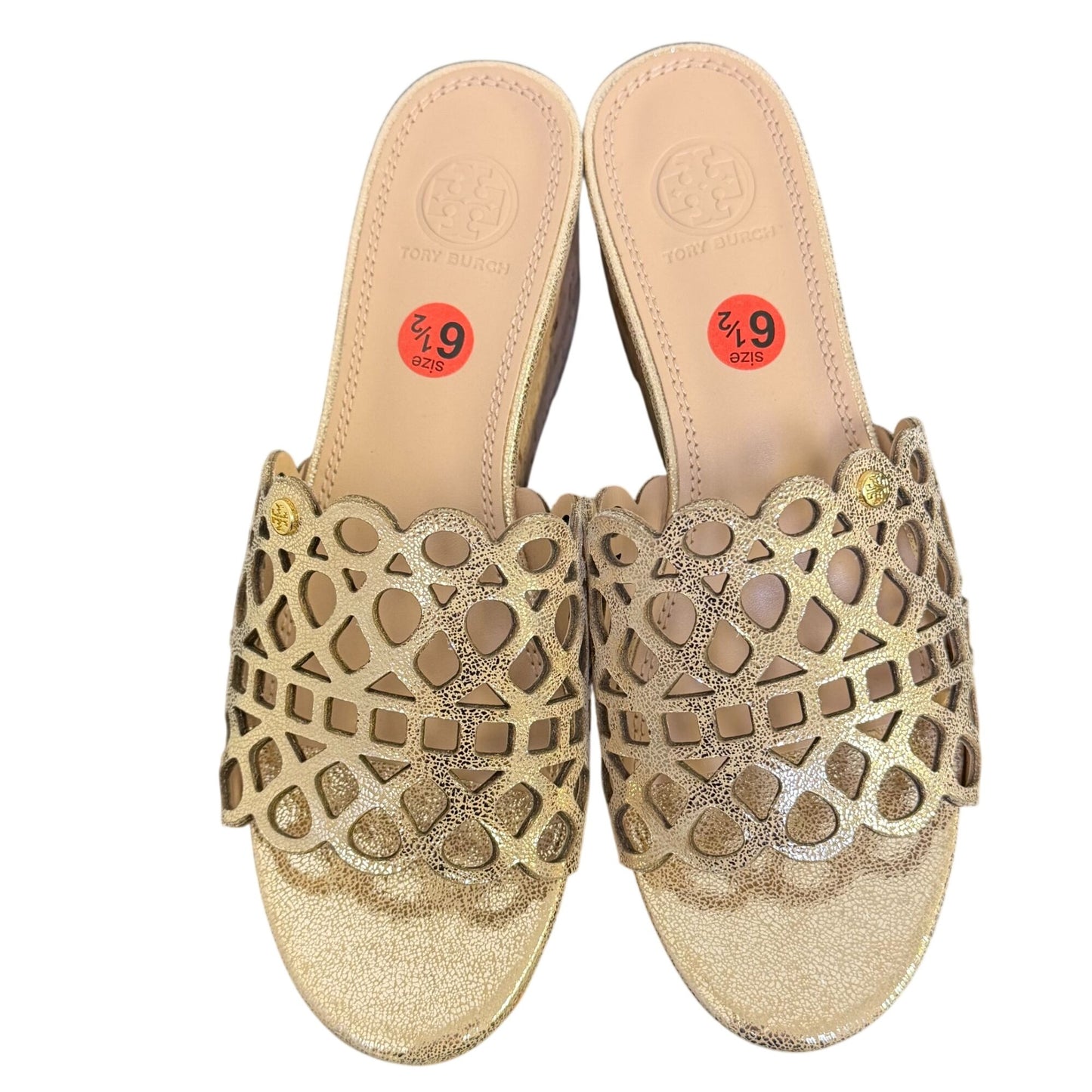 Tory Burch Gold Laser Cut Cork Wedge Sandals Size 6.5