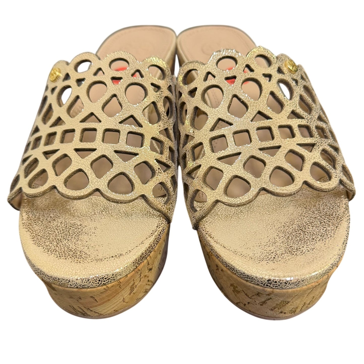 Tory Burch Gold Laser Cut Cork Wedge Sandals Size 6.5