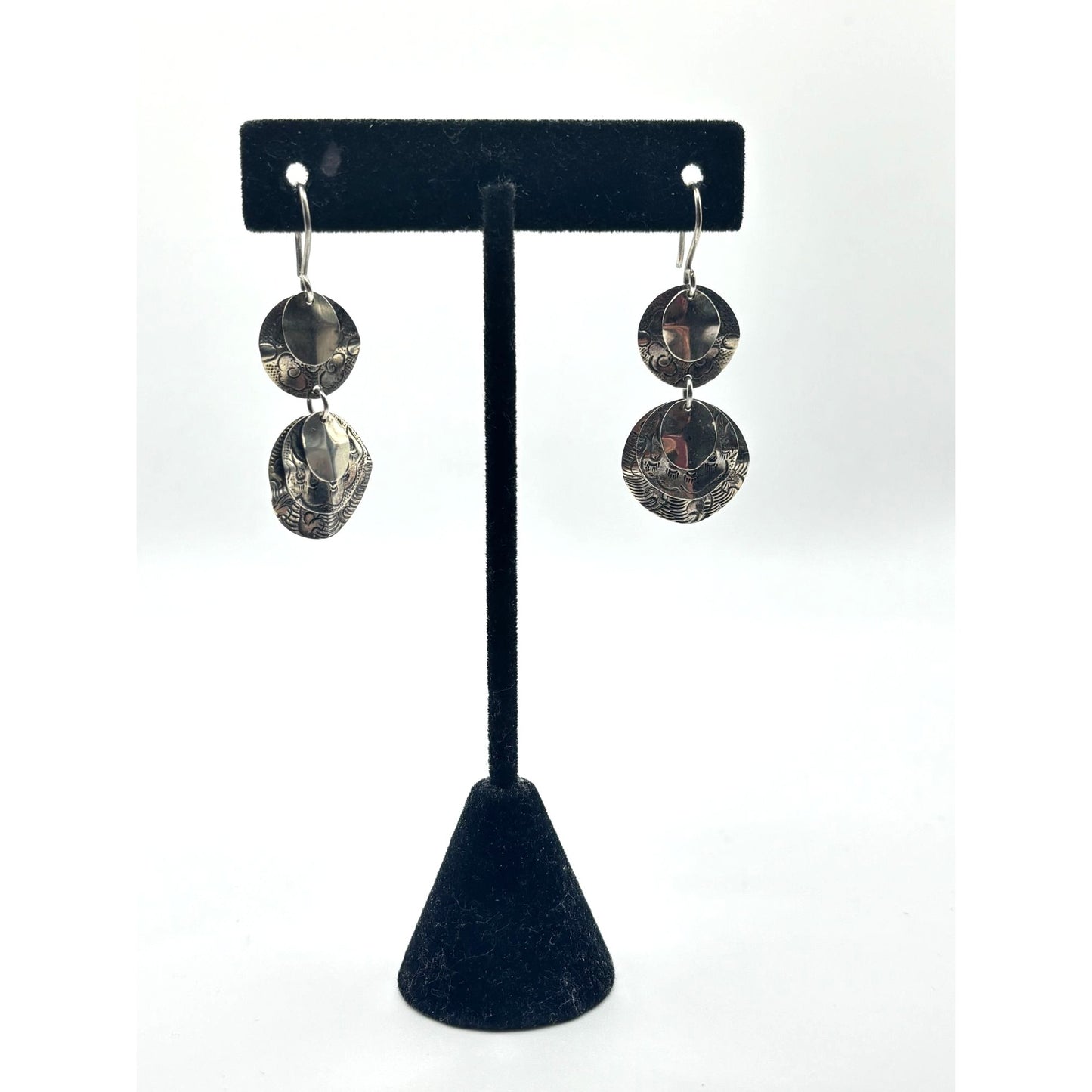 925 Sterling Silver Dangle Earrings With Engraved Textured Circles