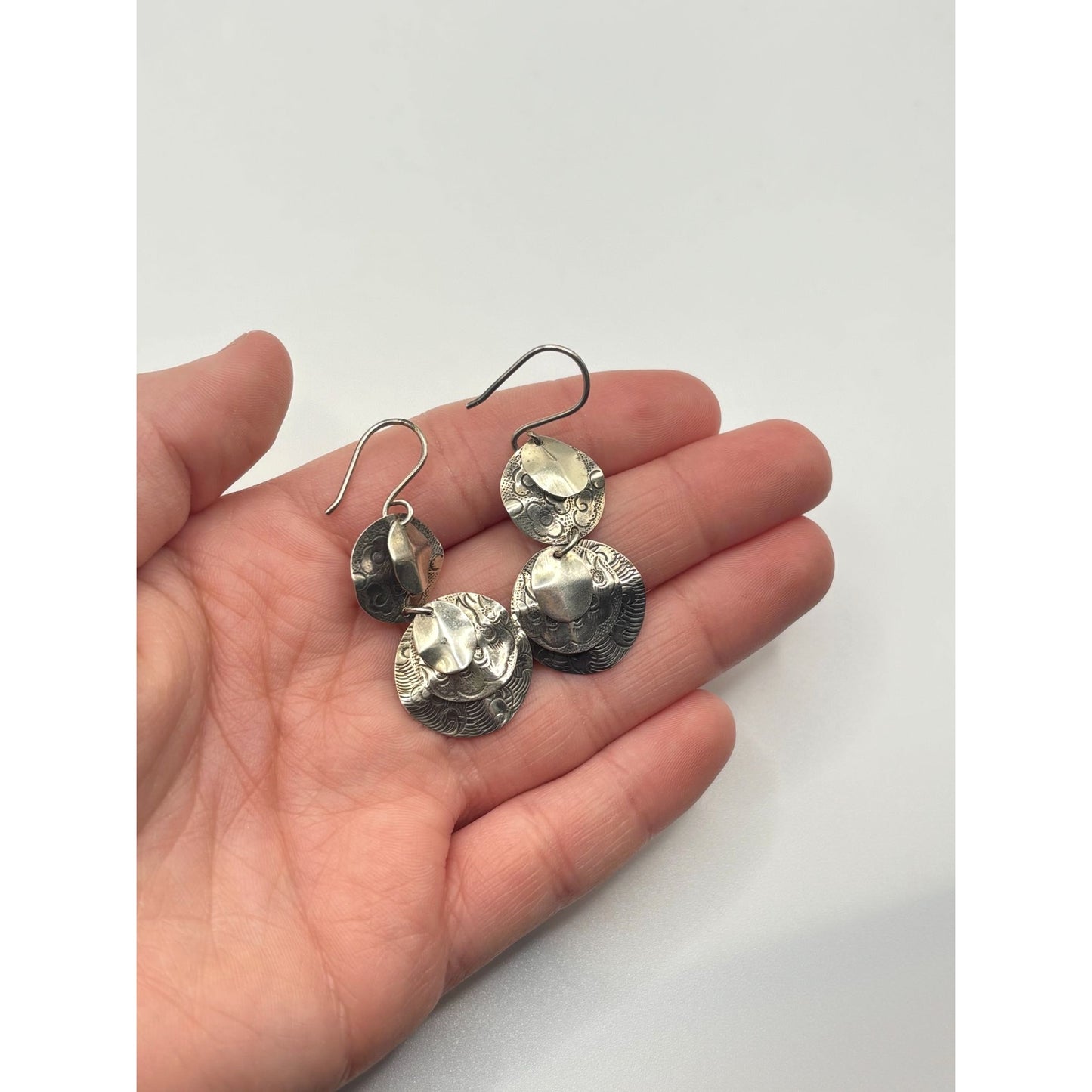 925 Sterling Silver Dangle Earrings With Engraved Textured Circles