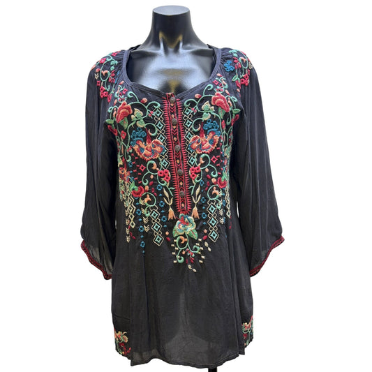 Johnny Was Embroidered Blouse Gray Multicolor L