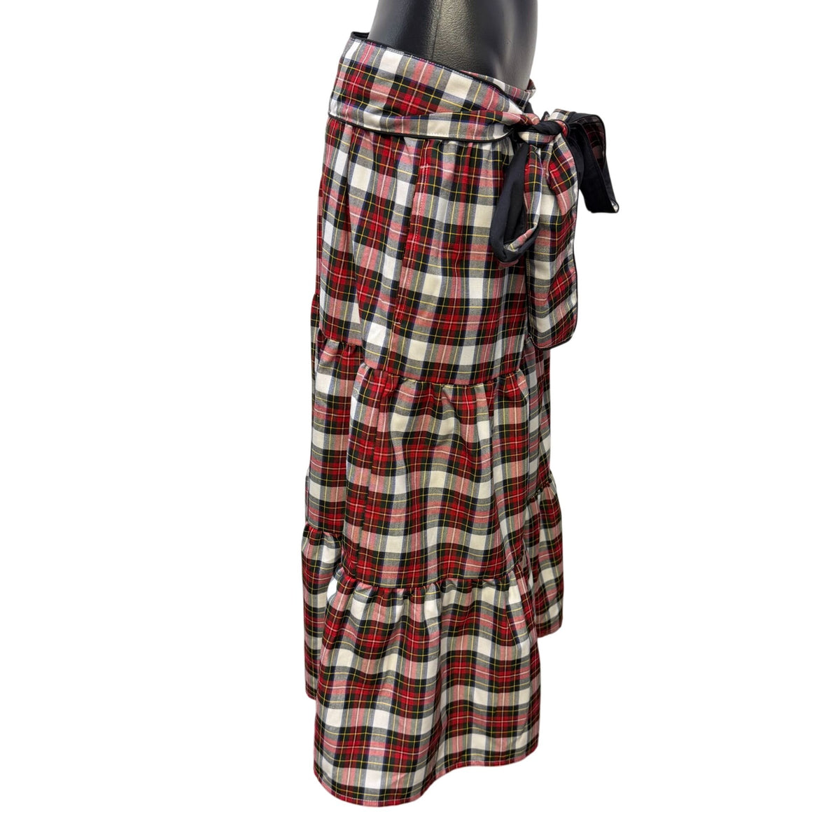 Victoria Dunn Red Black White Tiered Plaid Skirt With Waist Tie S