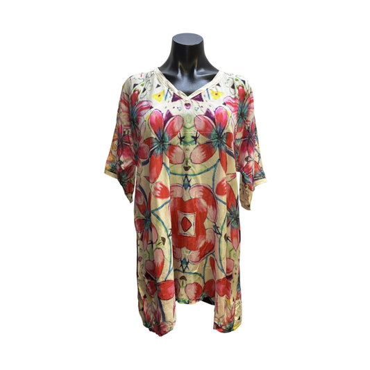 Johnny Was Colorful Floral  Silk Tunic Blouse w/Elastic Waist Size L